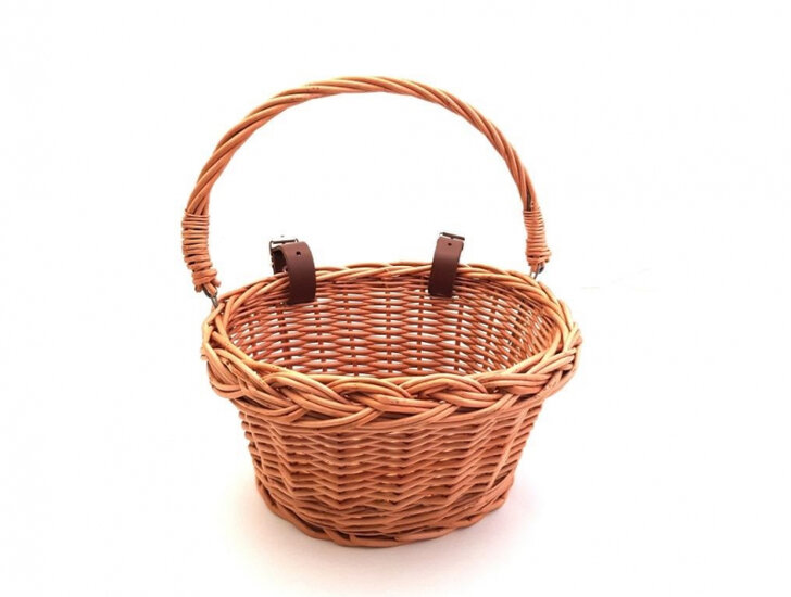 Rieten fietsmandje met hengsel en leren bandjes 25x13 cm naturel
