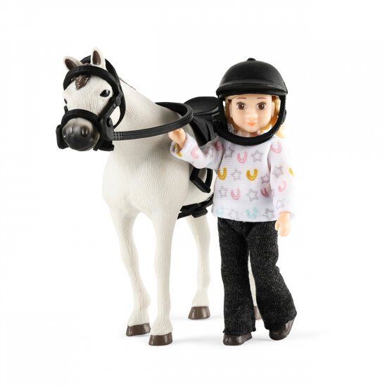 Lundby poppenhuispop met paard, rijhelm en zadel (schaal 1:18)