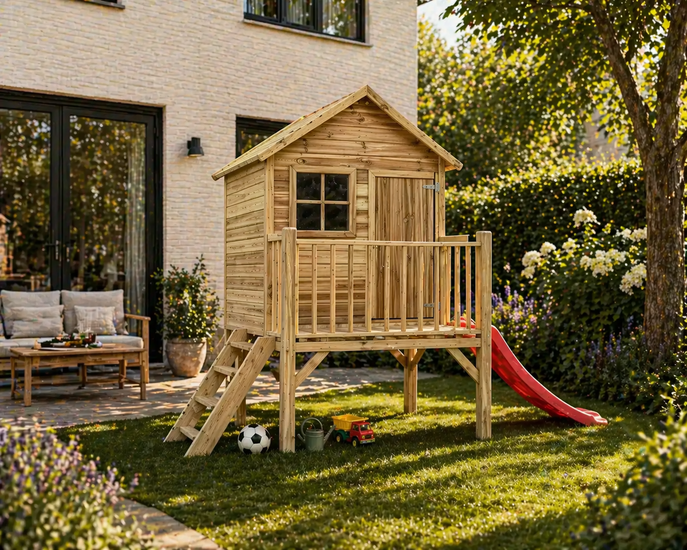 Houten speelhuis op palen met balkon en glijbaanaansluiting WOODY Sammy