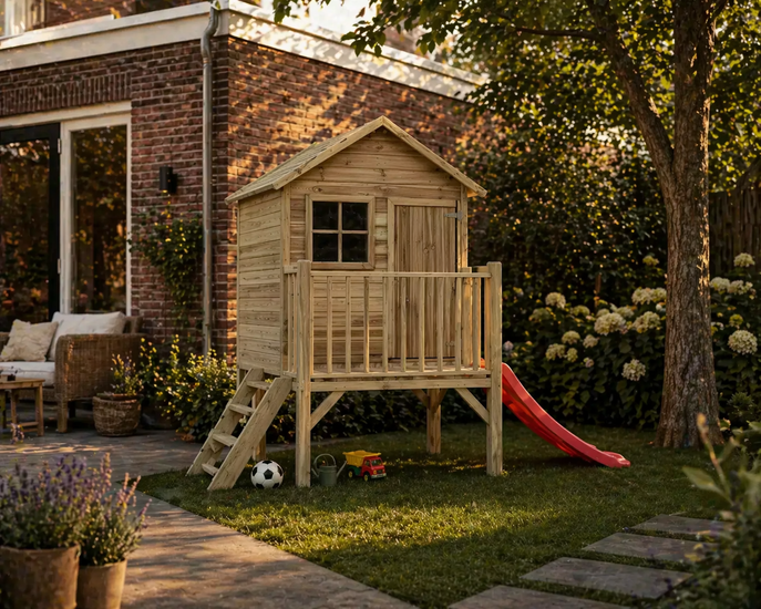 Houten speelhuis op palen met balkon en glijbaanaansluiting WOODY Sammy