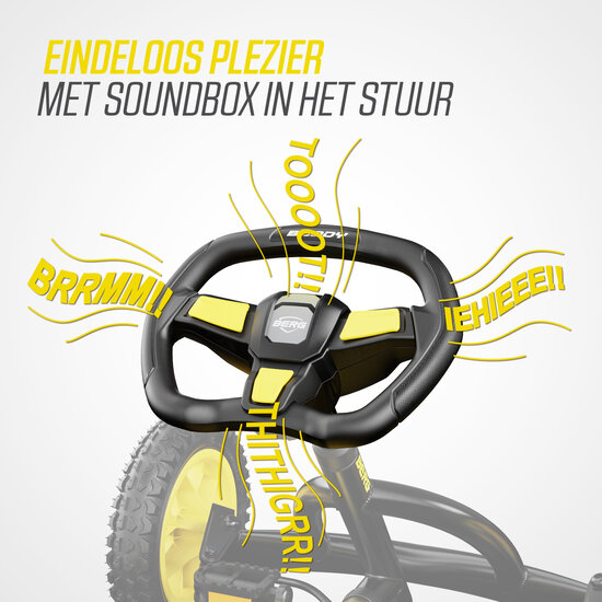 Skelter met luchtbanden BERG Buddy Cross geel/zwart + soundbox