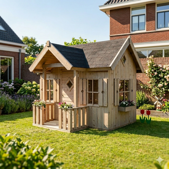 Houten speelhuis 16mm met veranda, 4 ramen en plantenbakken Faye