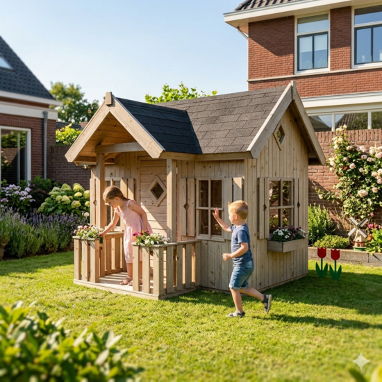 Houten speelhuis 16mm met veranda, 4 ramen en plantenbakken Faye
