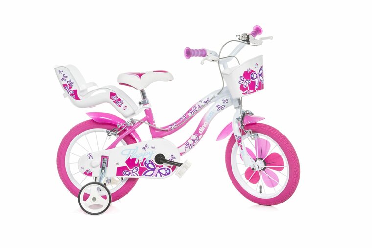 Dino Bikes Flappy kinderfiets 14 inch met zijwieltjes roze/wit