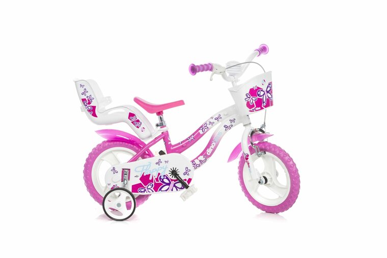 Kinderfiets 12 inch Dino Bikes Flappy met zijwieltjes roze/wit