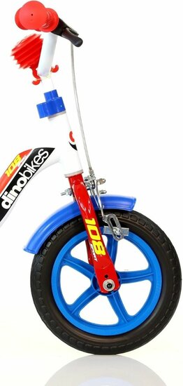 Kinderfiets 10 inch Dino Bikes met zijwieltjes en rem blauw/rood