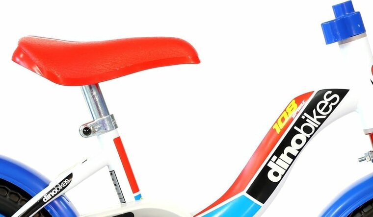 Kinderfiets 10 inch Dino Bikes met zijwieltjes en rem blauw/rood