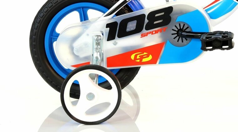 Kinderfiets 10 inch Dino Bikes met zijwieltjes en rem blauw/rood