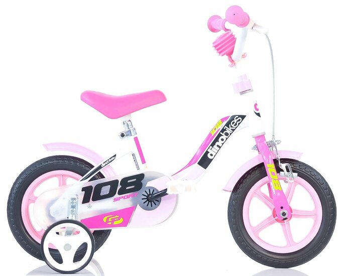 kinderfiets 10 inch Dino Bikes roze met zijwieltjes en rem