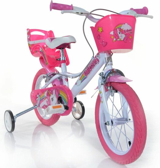 Kinderfiets 14 inch unicorn meisjes met zijwieltjes Dino Bikes