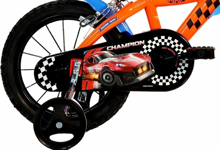 Kinderfiets 14 inch Hot Wheels Dino Bikes met zijwieltjes oranje