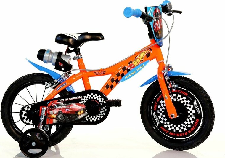 Kinderfiets 16 inch Hot Wheels oranje met zijwieltjes - Dino Bikes