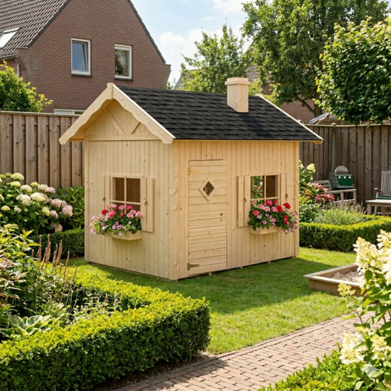 Speelhuis hout 16mm met luiken, bloemenbakken en schoorsteen - WOODY