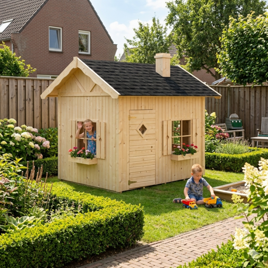 Speelhuis hout 16mm met luiken, bloemenbakken en schoorsteen - WOODY
