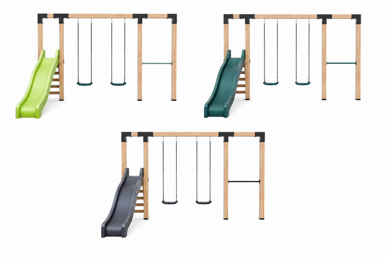 Houten schommel Douglas| Dommel 400 cm - Donkergroene duikelstang + Antraciet glijbaan 