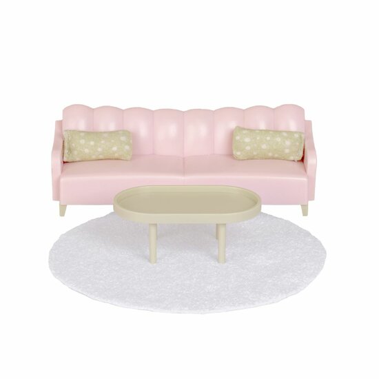 Lundby poppenhuis woonkamer set roze - bank, tafel, kleed 1:18
