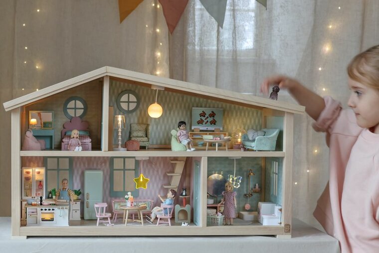 Lundby poppenhuis bank mintgroen met salontafel en accessoires