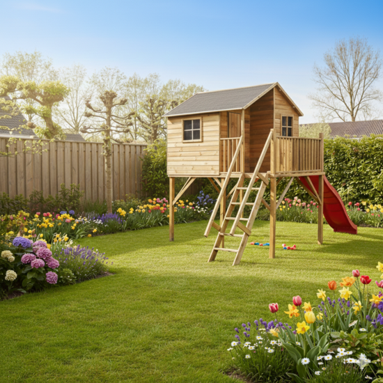 Speelhuis op poten met balkon en trap - WOODY Jinthe XL