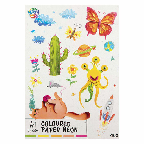Gekleurd Papier fluor A4, 40 Vellen 5 Kleuren