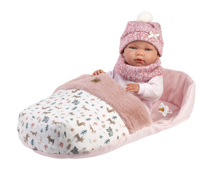 Llorens Babypop Nica 40 cm met Slaapzak en Mandje Roze