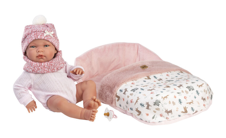 Llorens Babypop Nica 40 cm met Slaapzak en Mandje Roze