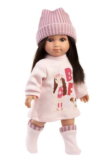 Llorens Pop Sara 35 cm met zacht lijfje en roze winteroutfit