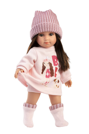 Llorens Pop Sara 35 cm met zacht lijfje en roze winteroutfit