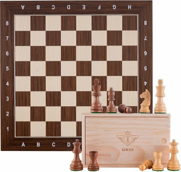 Schaakset ingelegd 40 x 40 cm met schaakstuken 76 mm - Bruin, esdoorn/kassia