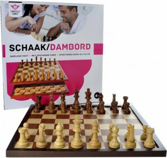 Schaak/dambord ingelegd, 42 cm, in luxe doos