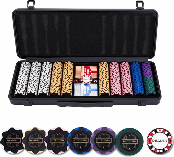 Pokerset in zwarte koffer met 500 chips zonder waarde (14 gram)