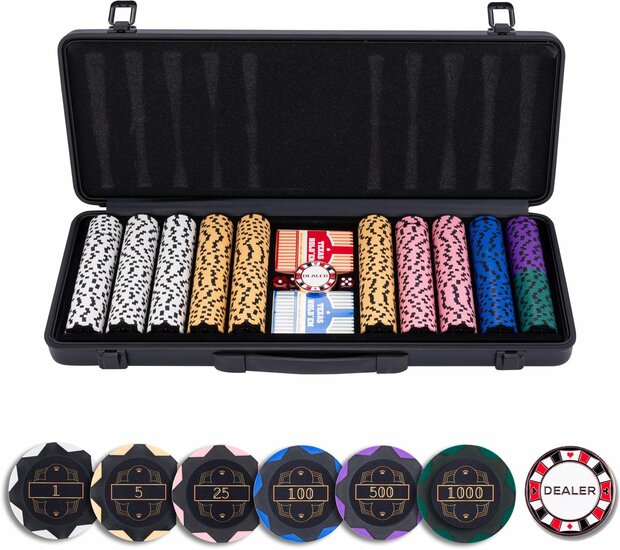 Pokerset in zwarte koffer met 500 chips met waarde (14 gram)