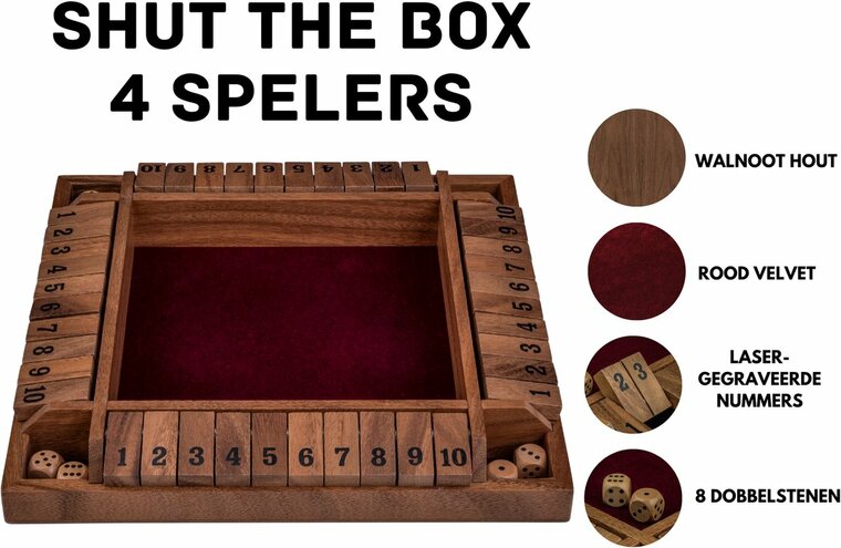Shut the box (4 spelers) 29 x 29 x 3,5 cm - Walnoot