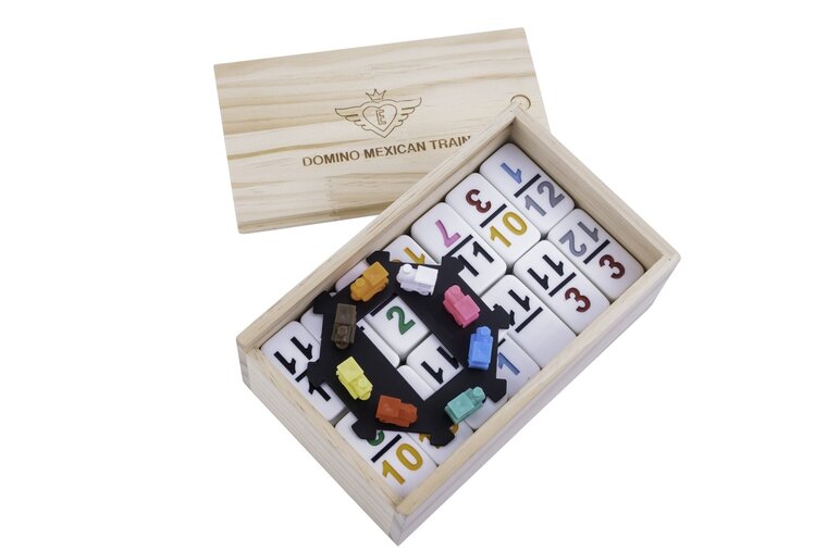 Domino Dubbel 12 Nummers Mexican train in houten kist