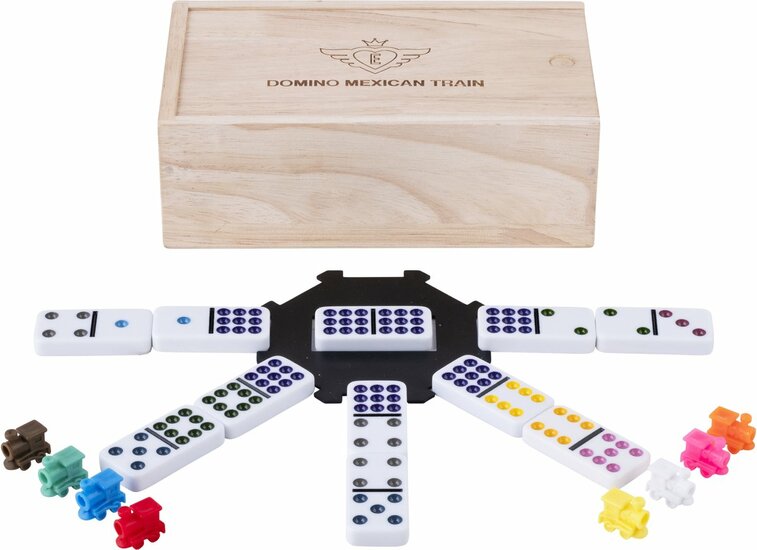 Domino Dubbel 9 Mexican train in houten kist