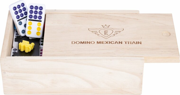 Domino Dubbel 9 Mexican train in houten kist