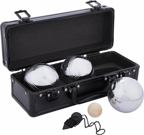 Jeu de boules set met 3 ballen zwarte aluminium kist