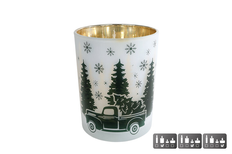 Glazen theelichthouder Xmas Car &ndash; wit/groen &ndash; 10 &times; 10 &times; 12,5 cm