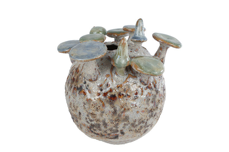 Aardewerken vaas Mushroom &ndash; cr&egrave;me/grijs/groen &ndash; 16,5 &times; 15 &times; 18,5 cm