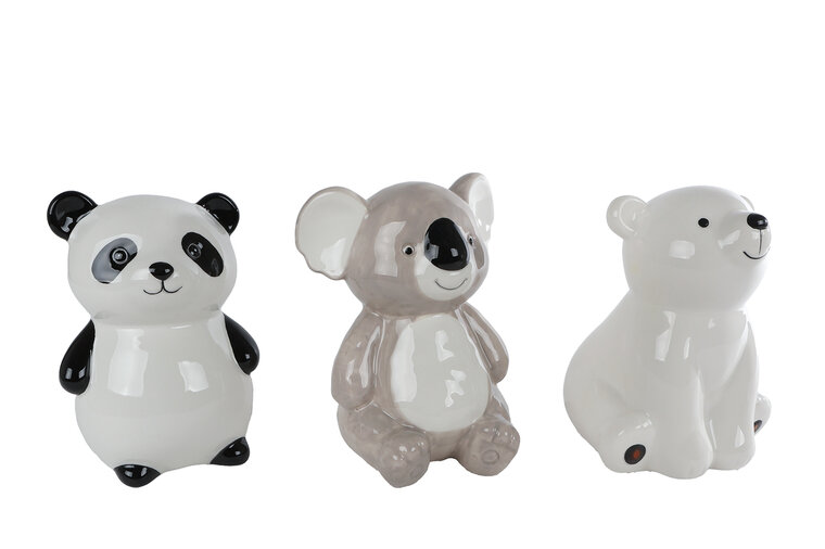 Aardewerken spaarpot Bears &ndash; wit/grijs &ndash; 12 &times; 12 &times; 16 cm &ndash; diverse uitvoeringen