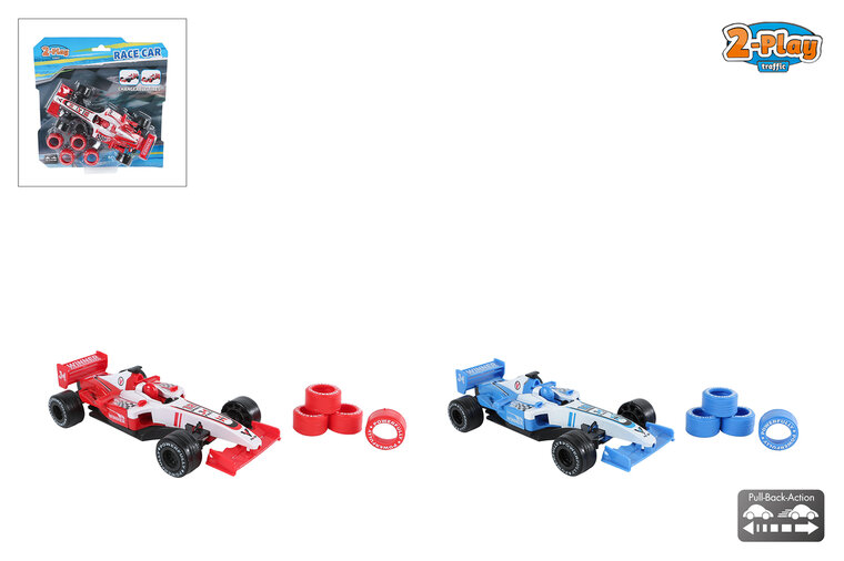 2-Play formula race auto met extra banden die-cast pull-back &ndash; 17 cm &ndash; diverse uitvoeringen