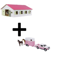 Kids Globe Set Houten Paardenstal Met 7 Boxen+Mitsubishi Met Paardentrailer ( Roze) 1:24