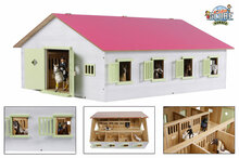 Kids Globe Set Houten Paardenstal Met 7 Boxen+Mitsubishi Met Paardentrailer ( Roze) 1:24