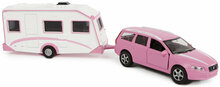 Kids Globe Set Houten Paardenstal Met 9 Boxen + Volvo Met Caravan ( Roze) 1:32