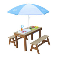 AXI Dennis Zand &amp; Water Picknicktafel met Speelkeuken wastafel en losse bankjes Bruin - Parasol Blauw/wit