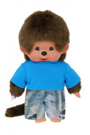 Monchhichi jongen knuffel 20cm met blauw shirt en jeans shorts