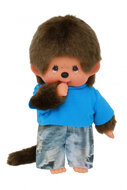 Monchhichi jongen knuffel 20cm met blauw shirt en jeans shorts