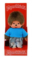 Monchhichi jongen knuffel 20cm met blauw shirt en jeans shorts