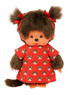 Monchhichi knuffelpop meisje 20cm rood jurkje met print