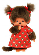 Monchhichi knuffelpop meisje 20cm rood jurkje met print