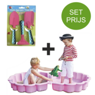 Zandbak schelp roze met tuinset met 3 tuin accessoires